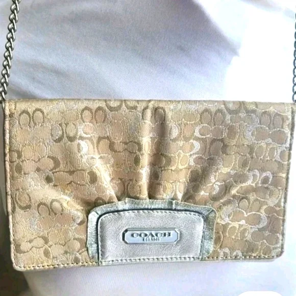 Coach Crossbody Clutch Chain Bag Wallet Gold Optic Signature Lurex 44144 - Picture 1 of 9